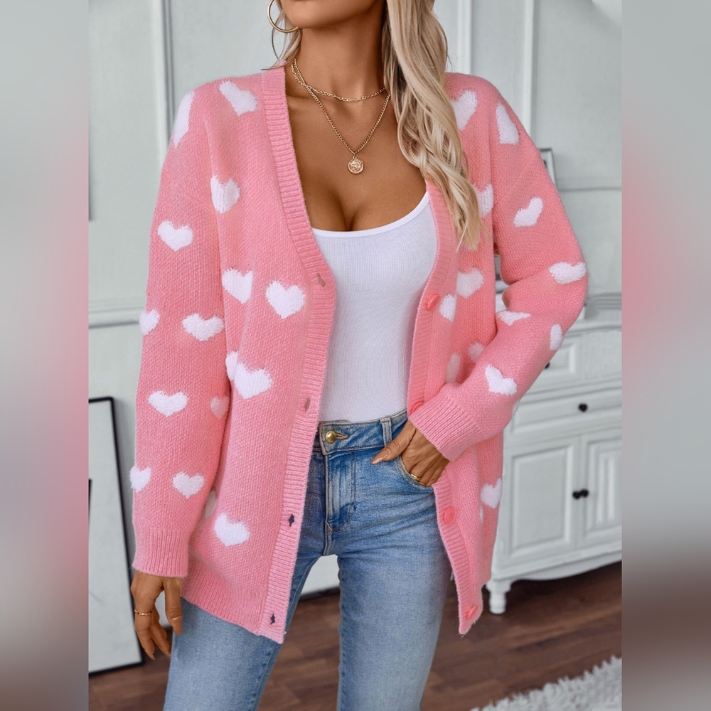 Charming Pink Heart Women's V-Neck Button Up Cardigan